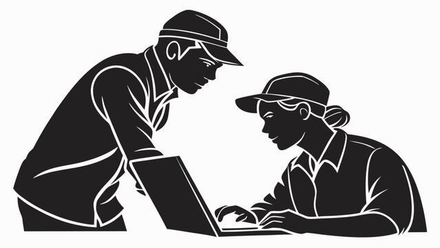 A male and female professional wearing baseball caps collaborating together on a modern laptop computer in a clean and minimal black silhouette graphic style, 