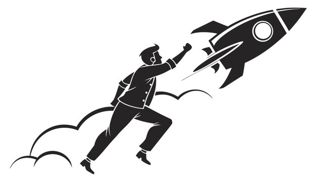 A silhouette illustration of an ambitious entrepreneur running forward while reaching out to a rising rocket, representing startup success and business growth.