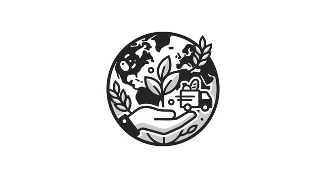 Earth with plants and food delivery truck icon.