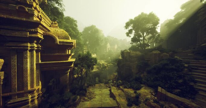 temple terrace overlooking sunlit green valley, ancient stone structure framing expansive canyon floor and winding stream, warm morning rays cutting