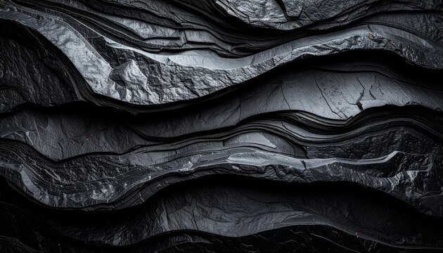 Dark black slate stone texture background with layered wavy rock strata banner
