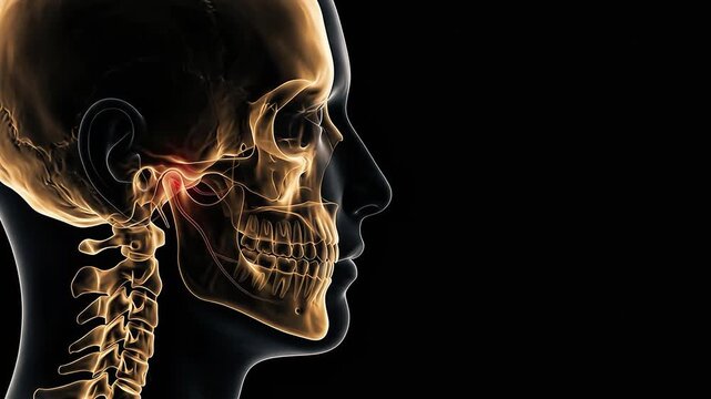 3D Human Skull Jaw Skeleton Opening Mouth Showing Red Glowing TMJ Joint Pain