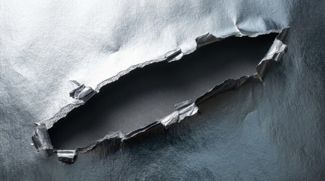 Torn metal sheet background with a large rip revealing dark empty space.