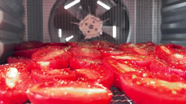 Tomato halves drying inside an electric food dehydrator, making sun-dried tomatoes, appliance operation.