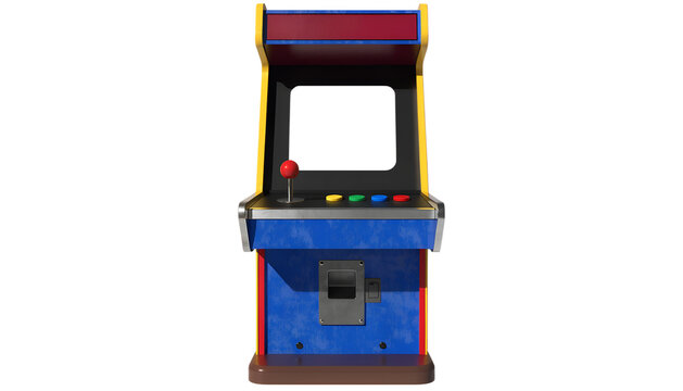 Vintage 1980s arcade game machine isolated PNG, colorful retro arcade cabinet with joystick and control buttons, front-facing three-quarter view, large rectangular game screen completely empty with 