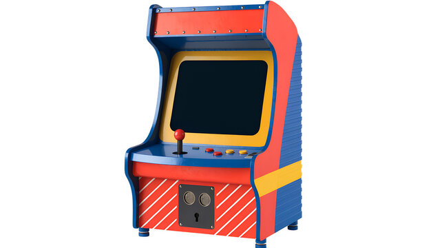 Vintage 1980s arcade game machine isolated PNG, colorful retro arcade cabinet with joystick and control buttons, front-facing three-quarter view, large rectangular game screen completely empty with 
