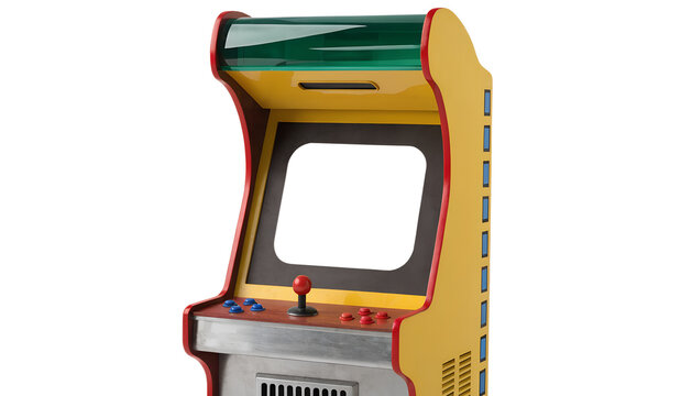 Vintage 1980s arcade game machine isolated PNG, colorful retro arcade cabinet with joystick and control buttons, front-facing three-quarter view, large rectangular game screen completely empty with 