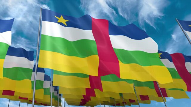 Multiple Central African Republic flags seamless looping waving on blue sky