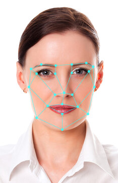 Closeup shot of woman with scnanning grid on the face. Security, facial ID recognition concept, isolated