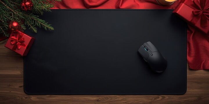 Top down black mousepad with gaming mouse pine branches red baubles and gifts on wooden table
