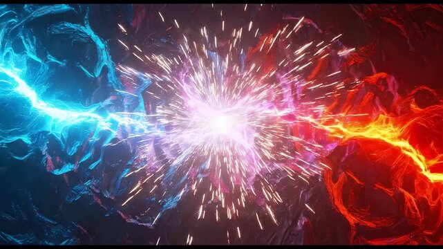Abstract Background Featuring Energetic Blue and Red Lightning Beams Colliding Against a Dark Textured Surface