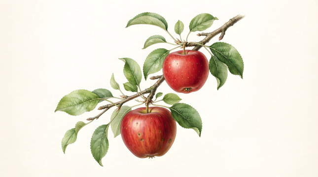 Botanical watercolor illustration of two ripe red apples hanging on a leafy tree branch, isolated on an off-white background