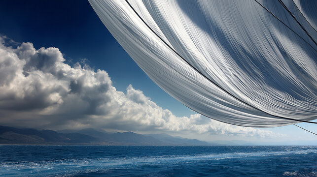 sailcloth. Vast white sailcloth billowing in strong wind over deep blue ocean. mobility guides, transit brochures, designed for transport & logistics marketing, used by content marketers.