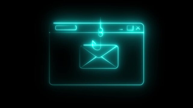 Neon Email Phishing Scam Icon Isolated on Black Background. Fishing hook stealing envelope from browser window.Concept of email phishing on a transparent background. 4k video
