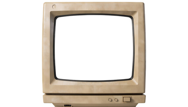 Vintage 1980s desktop computer monitor isolated PNG, chunky beige plastic CRT monitor with a large rectangular display, front-facing view, completely empty open screen area with a clean cutout for ins