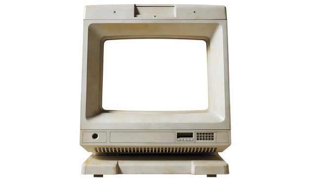 Vintage 1980s desktop computer monitor isolated PNG, chunky beige plastic CRT monitor with a large rectangular display, front-facing view, completely empty open screen area with a clean cutout for ins