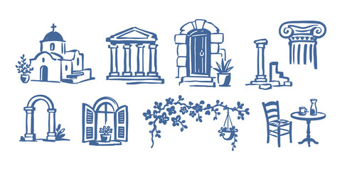 Naklejka na ściany i meble Greek Architecture and Travel Doodle Set