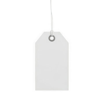 Simple grey tag with metal ring hanging from string transparent background