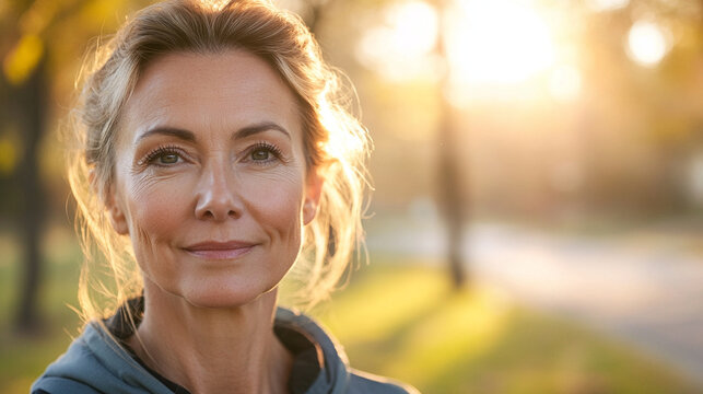 Close-up of confident middle-aged woman after morning exercise outdoors, natural skin, subtle signs of aging, healthy longevity and active lifestyle, genuine joyful expression, rea