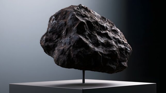 A large  rough textured meteorite rests on a minimalist pedestal against a gradient background with soft lighting