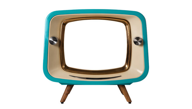 Vintage 1970s retro television set isolated PNG, turquoise and cream plastic body with warm gold trim, realistic analog TV with two silver control knobs and wooden legs, front-facing view, large recta