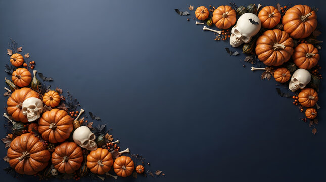 Halloween frame with pumpkins and skulls on dark background for seasonal holiday design