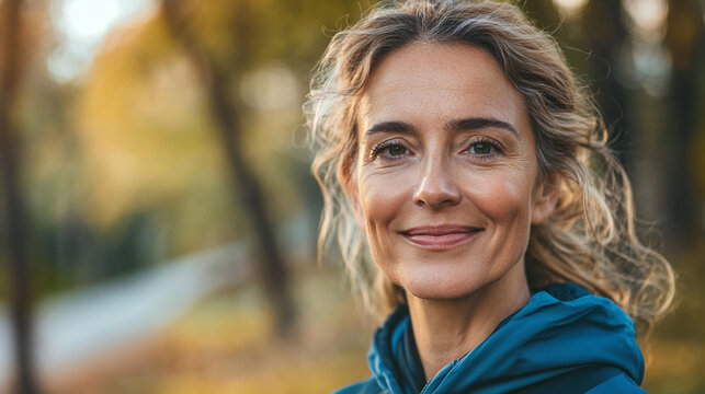 Close-up of confident middle-aged woman after morning exercise outdoors, natural skin, subtle signs of aging, healthy longevity and active lifestyle, genuine joyful expression, rea