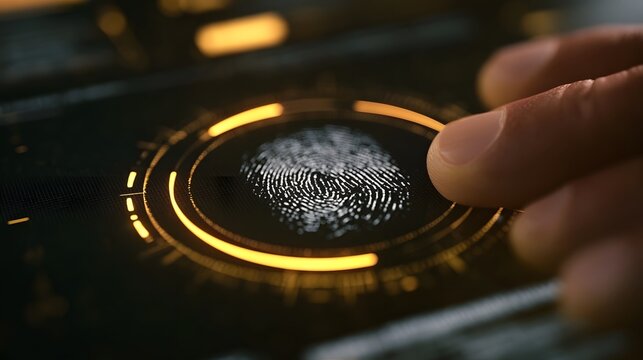 A finger touches a glowing circular biometric scanner with a detailed fingerprint pattern illuminated in warm light