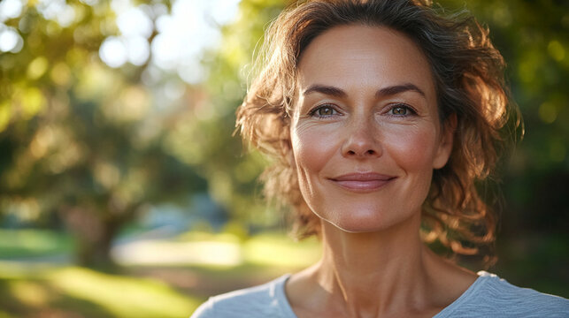 Close-up of confident middle-aged woman after morning exercise outdoors, natural skin, subtle signs of aging, healthy longevity and active lifestyle, genuine joyful expression, rea