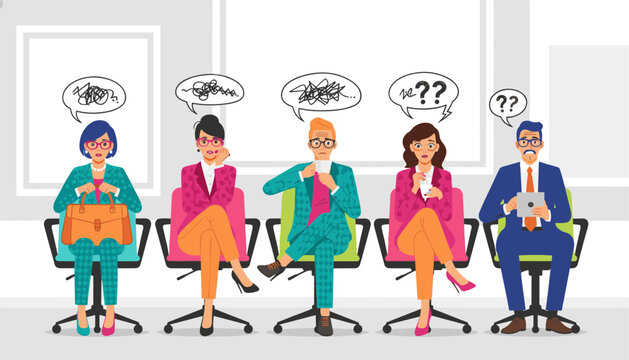Stressed candidates sit in a row waiting for job interviews while displaying confused expressions and dealing with anxiety in a corporate office setting.