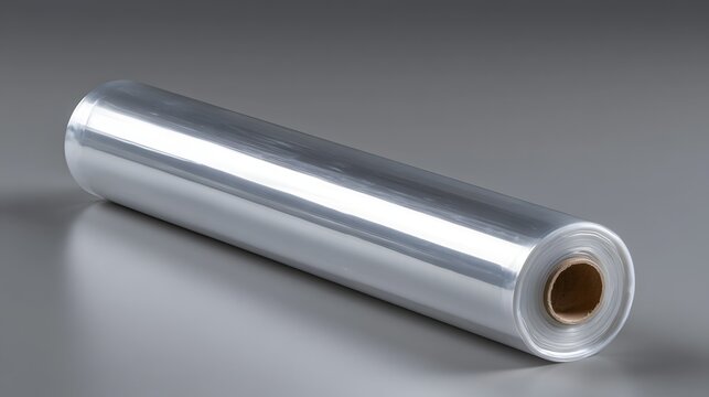 A large roll of transparent plastic film rests on a smooth gray surface  reflecting light with a metallic sheen