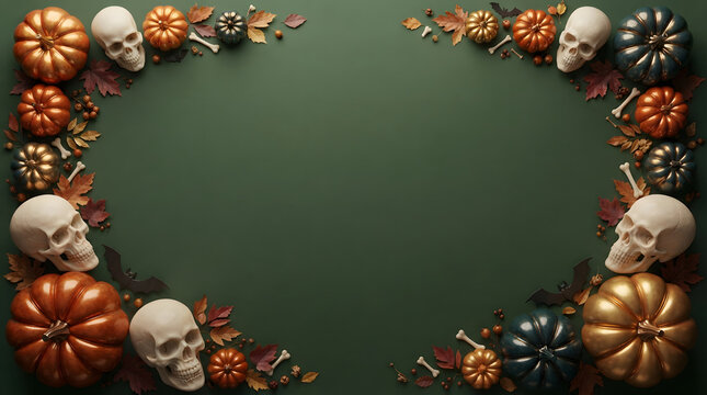 Halloween border frame with pumpkins and skulls on dark green background