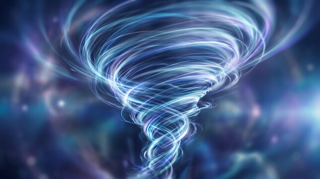 A digital art illustration of a glowing blue ethereal energy vortex or swirling wind funnel against a dark, abstract cosmic background with bokeh light particles.