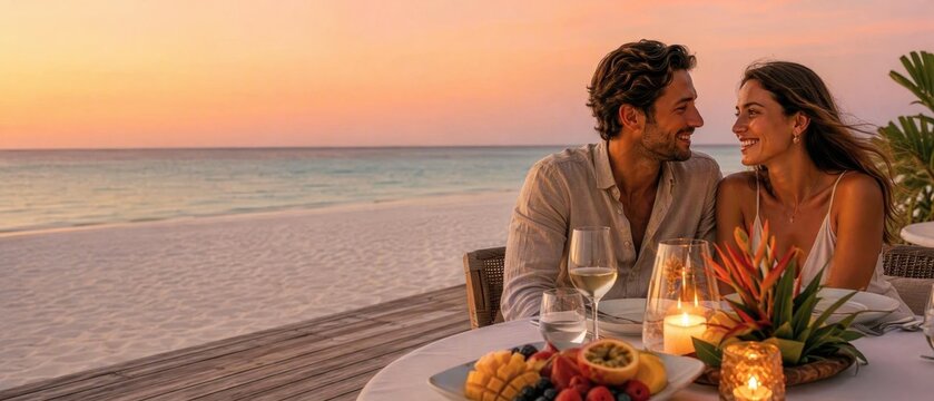 A couple savors a romantic dinner on the beach as the sun sets, surrounded by soft candlelight and an array of fresh, colorful fruits
