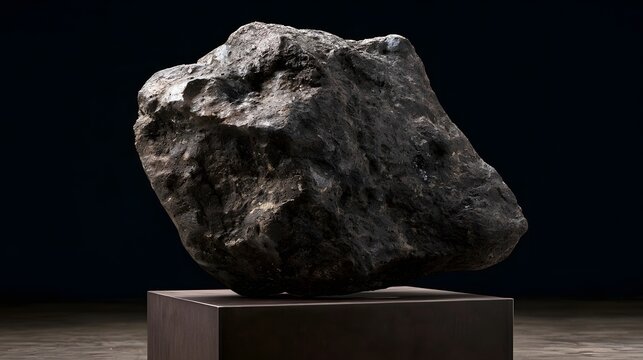 A large  rough textured dark rock specimen rests on a dark pedestal against a black background  illuminated by focused lighting