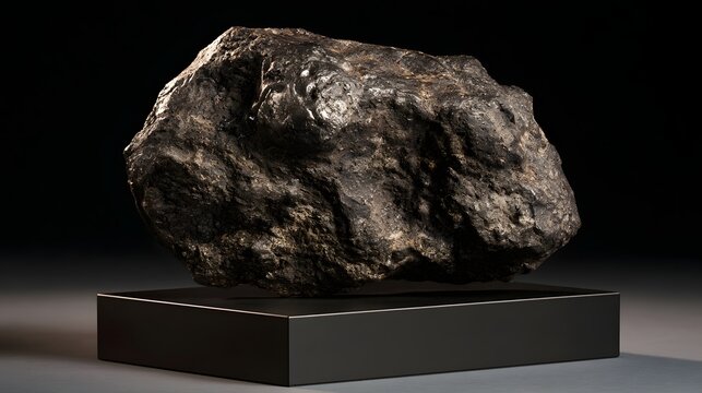 A large  rough textured meteorite rests on a sleek black pedestal against a dark background  illuminated by soft directional lighting