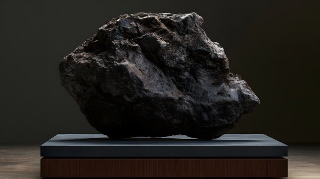 A large  rough textured dark rock specimen rests on a two tiered display pedestal against a dark background