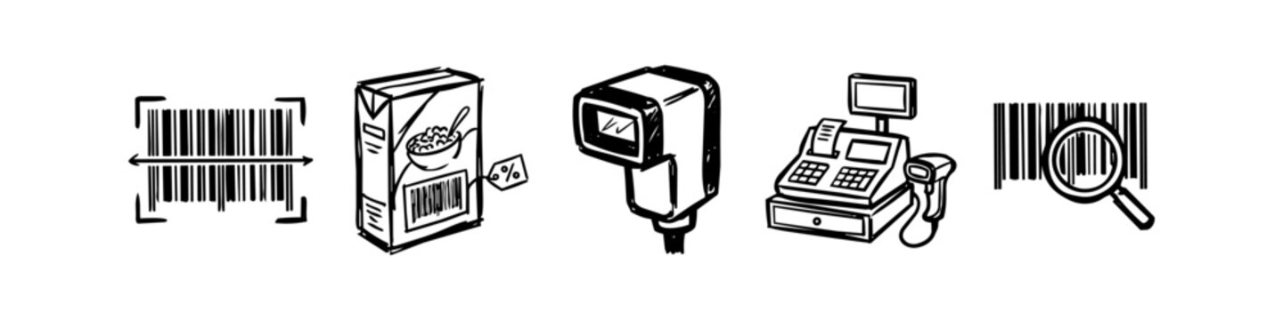 Hand-drawn doodle set of retail and inventory icons including barcode scanning, product box, handheld scanner, cash register, and magnifying glass search on a clean white background.