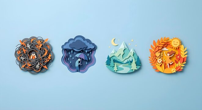 Set of 4 mood icons in papercut style for mental health concept on blue background