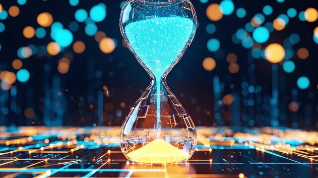 Abstract Digital Hourglass Concept with Glowing Glowing Neon Data Flow and Futuristic Computing Network Background Technology