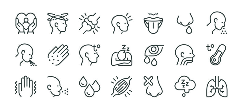 Symptom health issues and allergy medical healthcare outline thin icons big set. Line signs cough fever inflammation headache. Thin vector pictograms pack for web infographic business social projects.