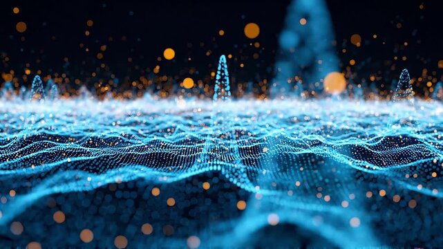 Abstract digital landscape with glowing blue light waves and shimmering orange particles on black background