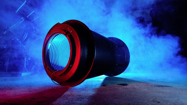 Large industrial corrugated pipe lies on its side with open ribbed interior facing camera, red-painted flange around opening catching warm rim highlights while interior rings glow cyan