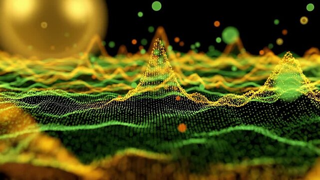 Abstract Digital Landscape With Glowing Gold And Green Particle Waves And Floating Bokeh Light Orbs