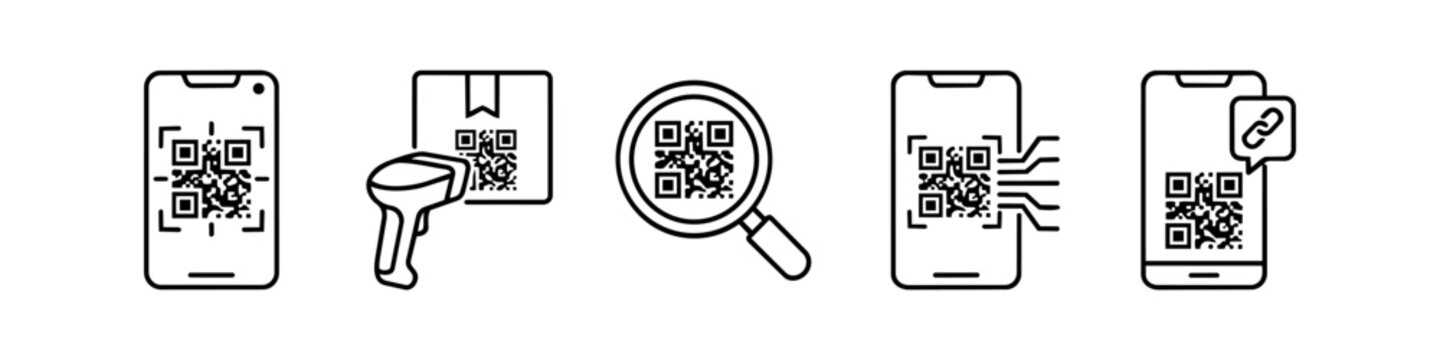 Set of minimalist black line icons representing various QR code scanning processes including smartphone scanning, package tracking, and digital link redirection.