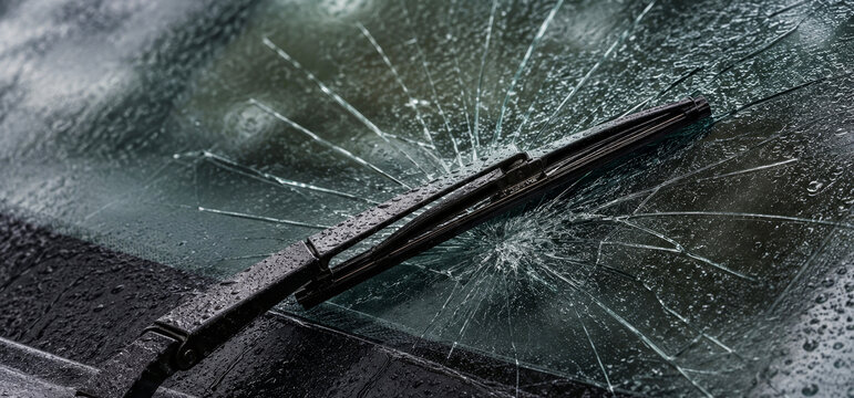 Cracked car windshield with wiper blade covered by rain drops after road accident. Broken shattered auto glass with spider web crack. Vehicle damage, insurance and repair concept.