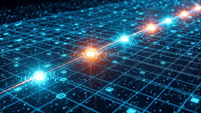 Abstract Digital Network Visualization Representing Data Flow Through Glowing Connected Nodes And Futuristic Information Grid Structure