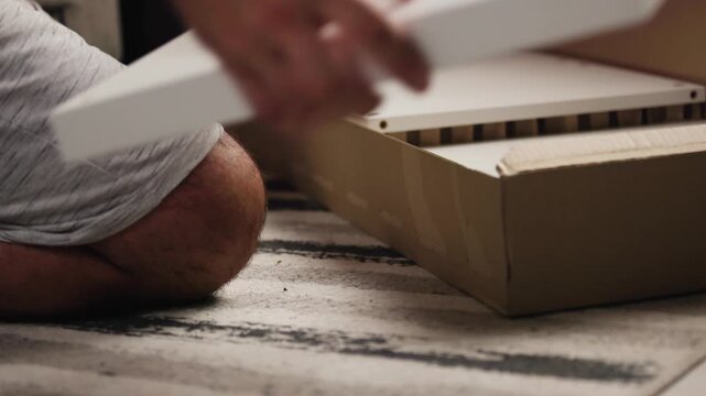 Close up of male hands opening cardboard box package on floor and taking out shelf components for furniture assembly
