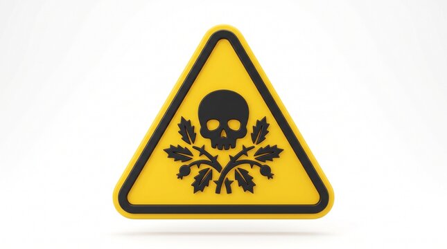 Yellow Triangle Warning Sign Featuring a Stylized Skull Symbol Emphasizing Dangers of Toxic or Poisonous Plants in Nature Environments