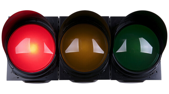 Traffic signal light with red yellow and green bulbs illuminated, isolated on transparent background